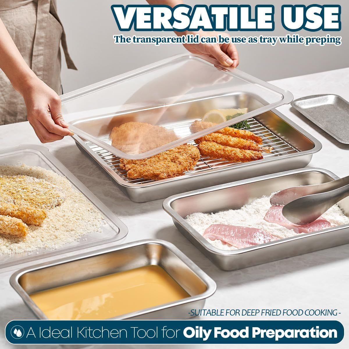 Stainless Steel Food Prep Container Set with Rack and Clear Color Lid