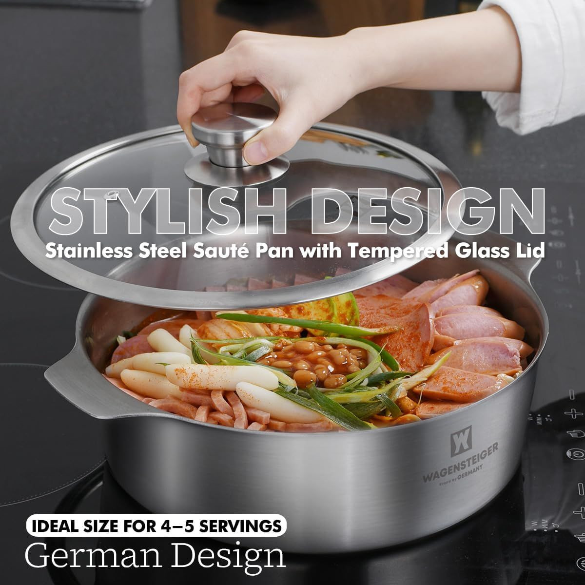 WAGENSTEIGER 4.18Quarts Stainless Steel Casserole Pot, 3-Ply Base, Tempered Glass Lid, Induction Safe, Dishwasher Safe