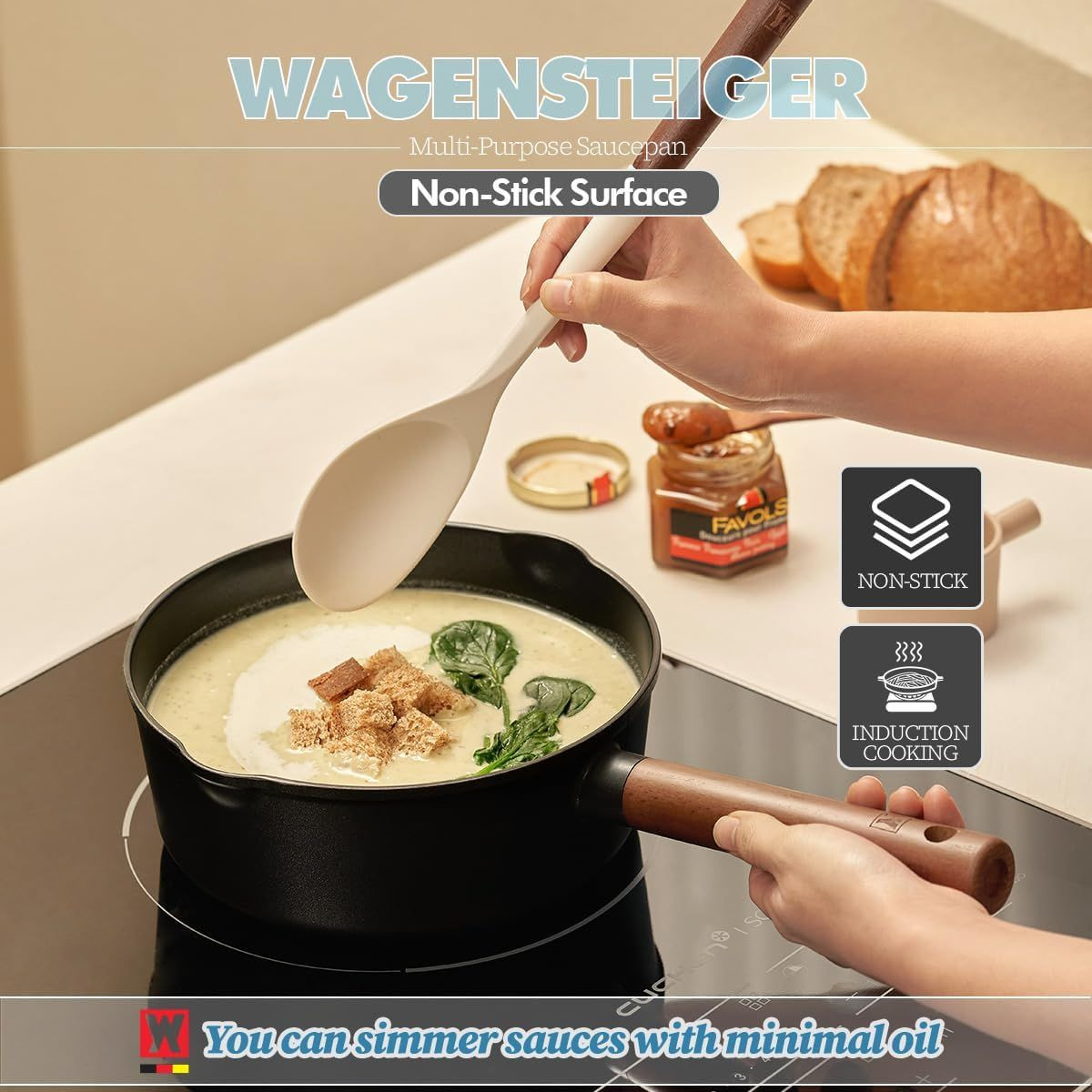 Aluminum Saucepan with 7-Layer Titanium Non-Stick Coating & Wooden Handle, 14.76"x8.46"x3.15", Made in Korea