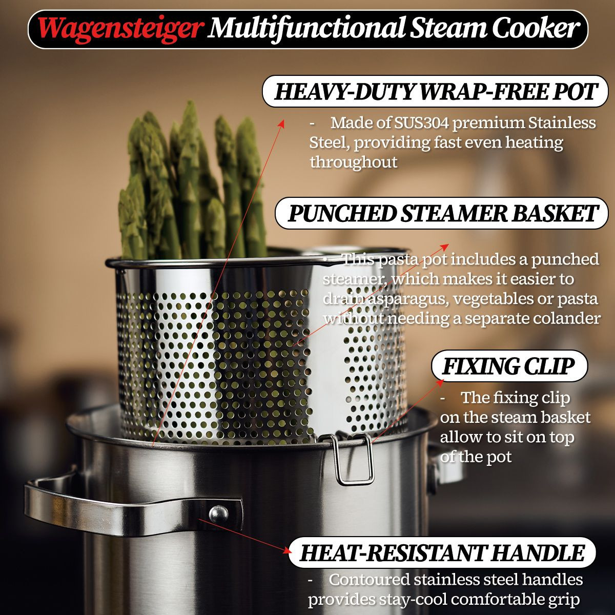 WAGENSTEIGER Premium Stainless Steel Asparagus Vegetable Tall Steamer Pot Spaghetti Pasta Stovetop Cooker with Removabl