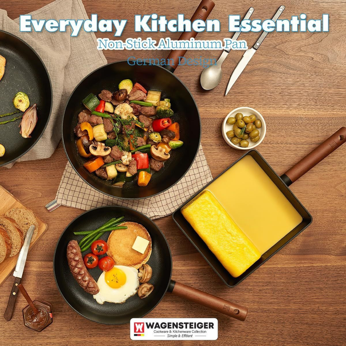 16.34" Aluminum Frying Pan with 7-Layer Titanium Coating, Zelkova Wooden Handle, Made in Korea