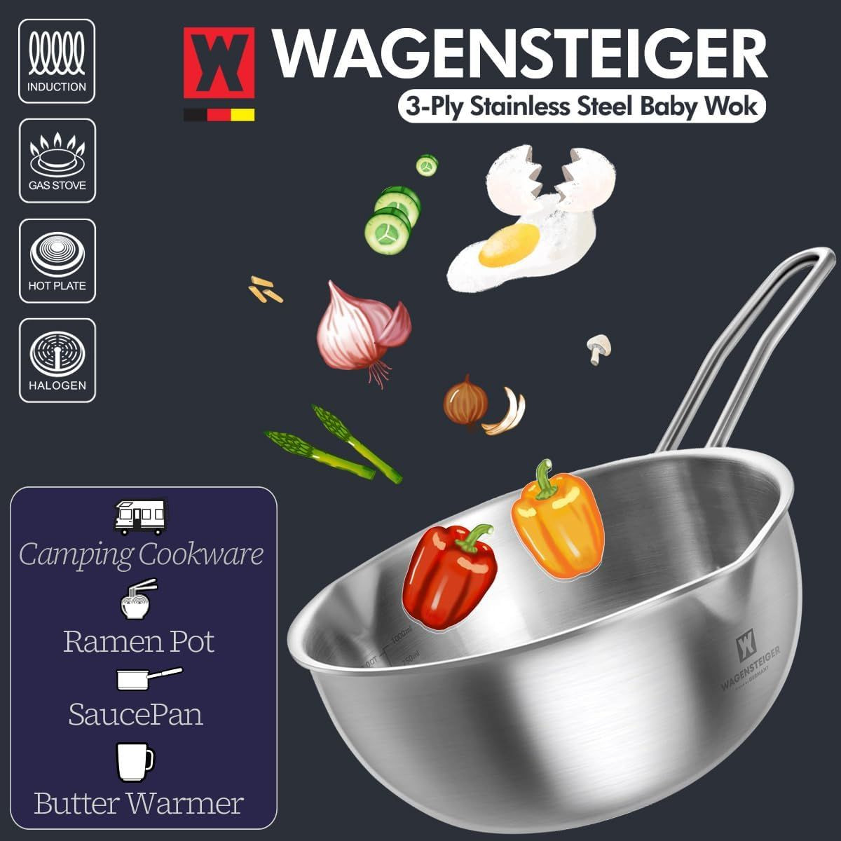 WAGENSTEIGER Stainless Steel Baby Wok - Compact, 3-Ply Base, Durable, Induction Compatible, Easy to Clean