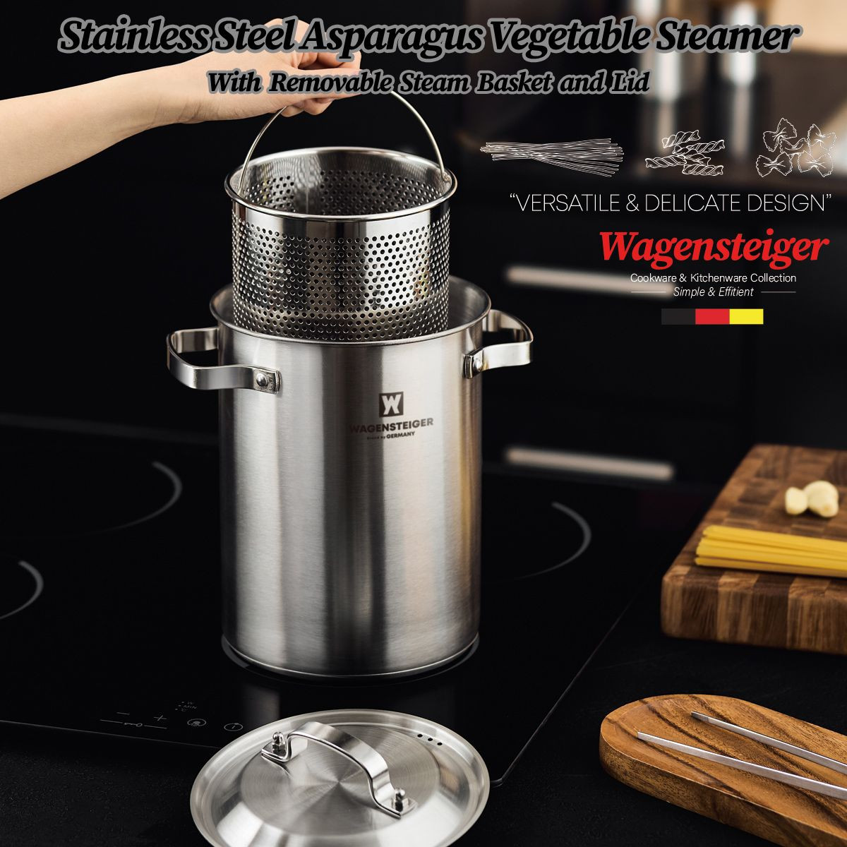 WAGENSTEIGER Premium Stainless Steel Asparagus Vegetable Tall Steamer Pot Spaghetti Pasta Stovetop Cooker with Removabl