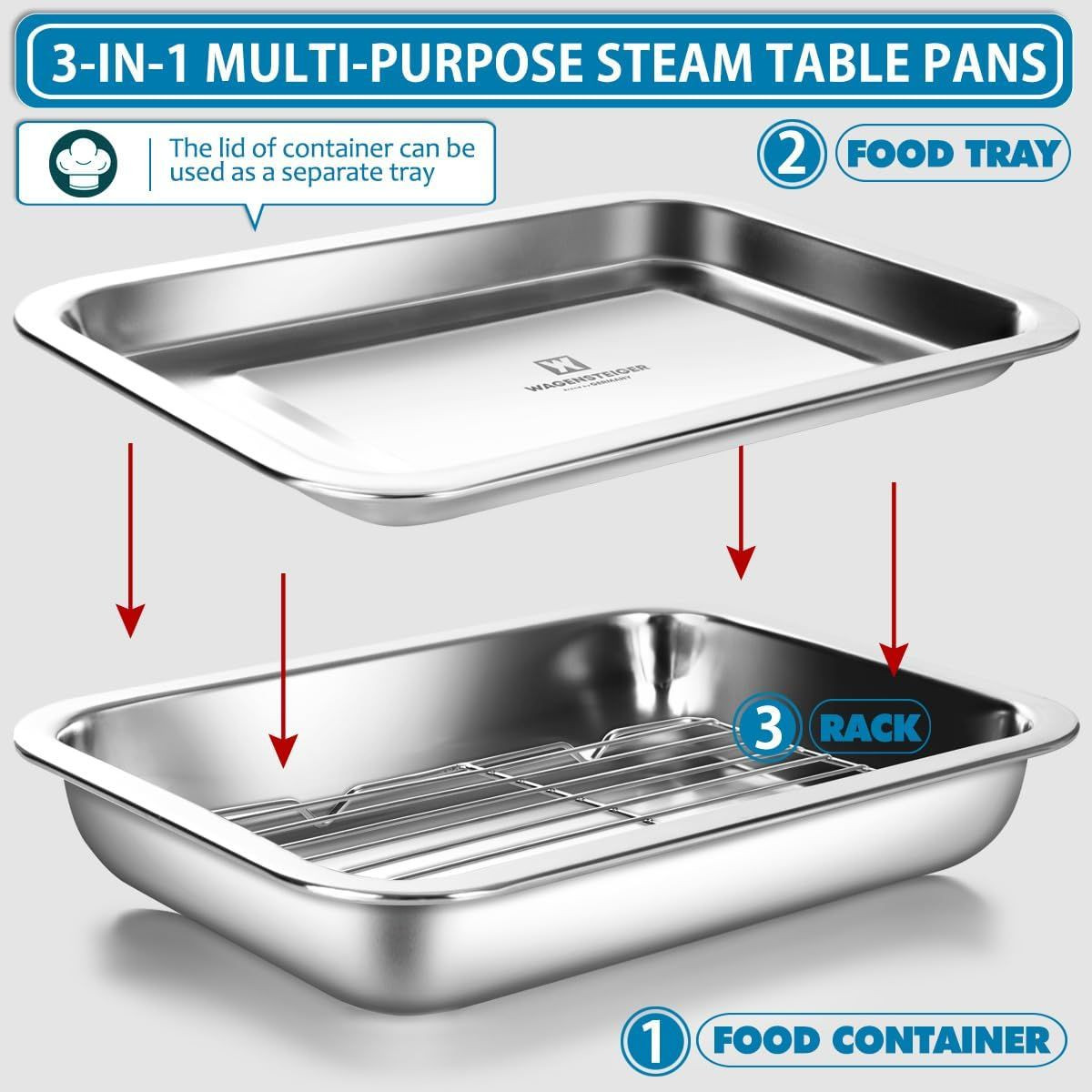 Stainless Steel Steam Food Copntainer with Rack & Lid (Tray) 8 Different Sizes