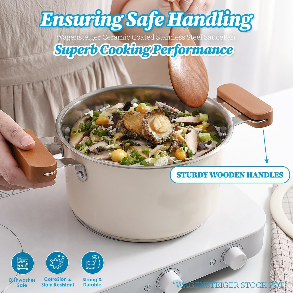 WAGENSTEIGER 2-Piece Cookware Set - 3-Ply Base, Ceramic Coating, Wooden Handles, Induction Compatibl