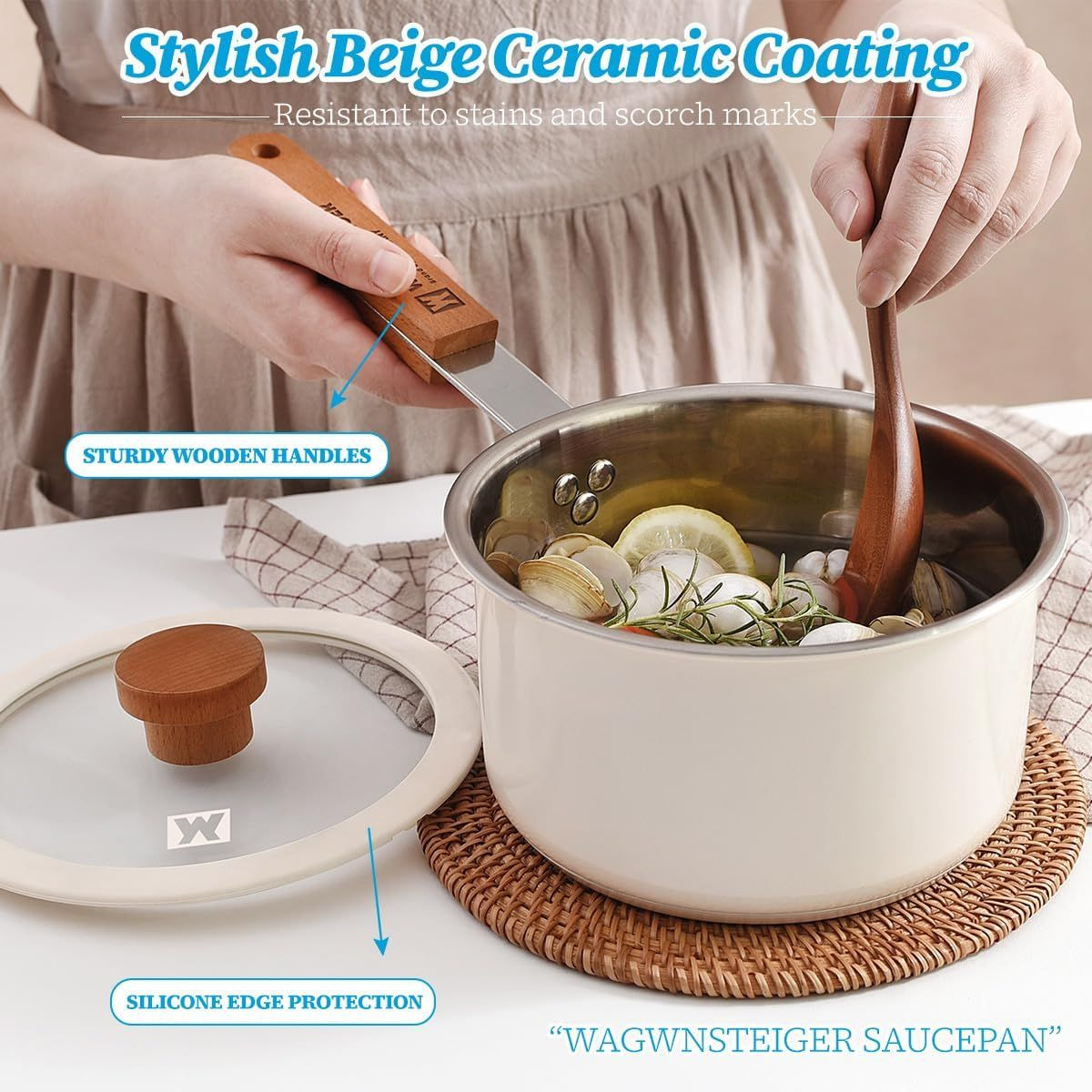 WAGENSTEIGER 2-Piece Cookware Set - 3-Ply Base, Ceramic Coating, Wooden Handles, Induction Compatibl