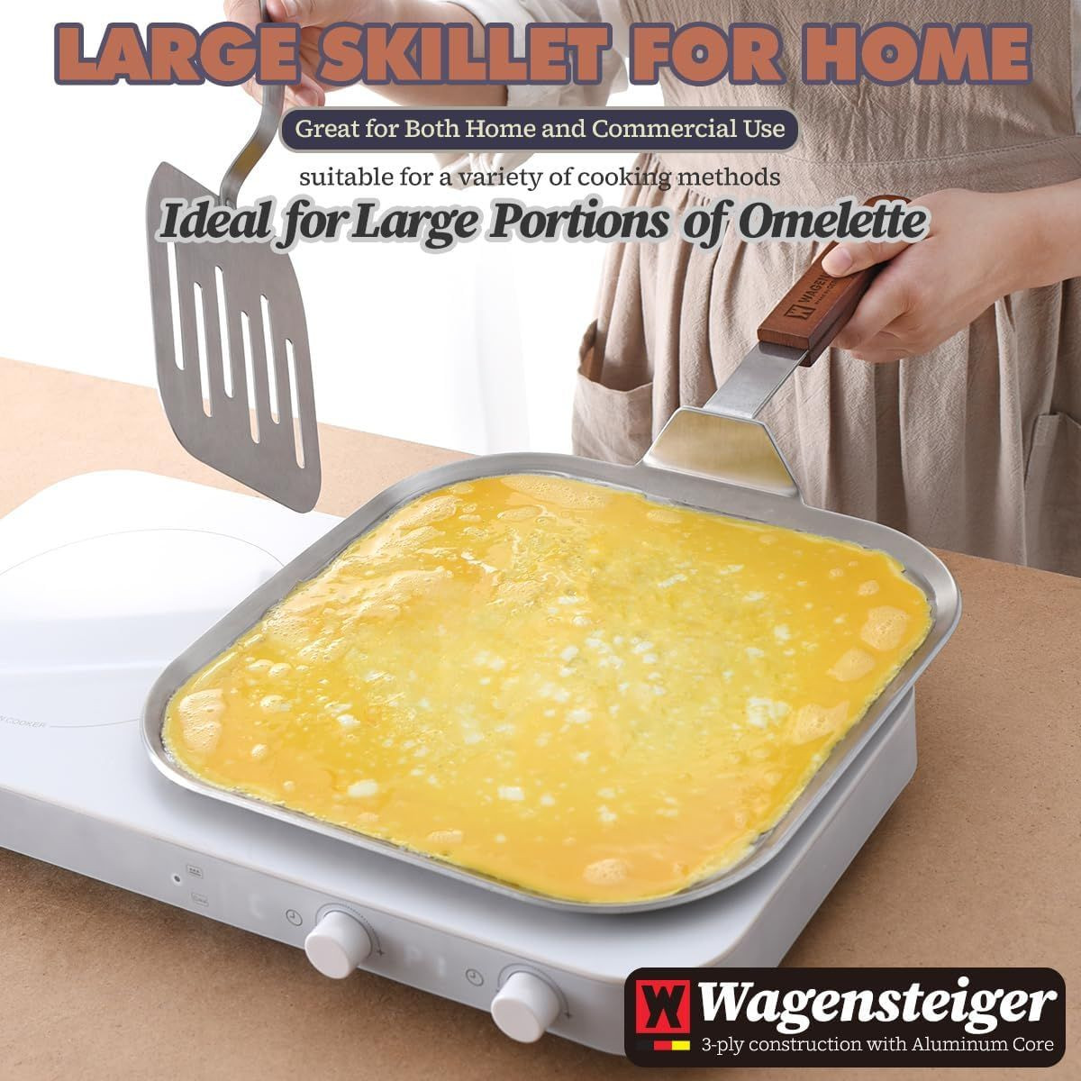 WAGENSTEIGER Stainless Steel Square Griddle Pan - 3-Ply, Induction Compatible, Wooden Handle, Versatile Use