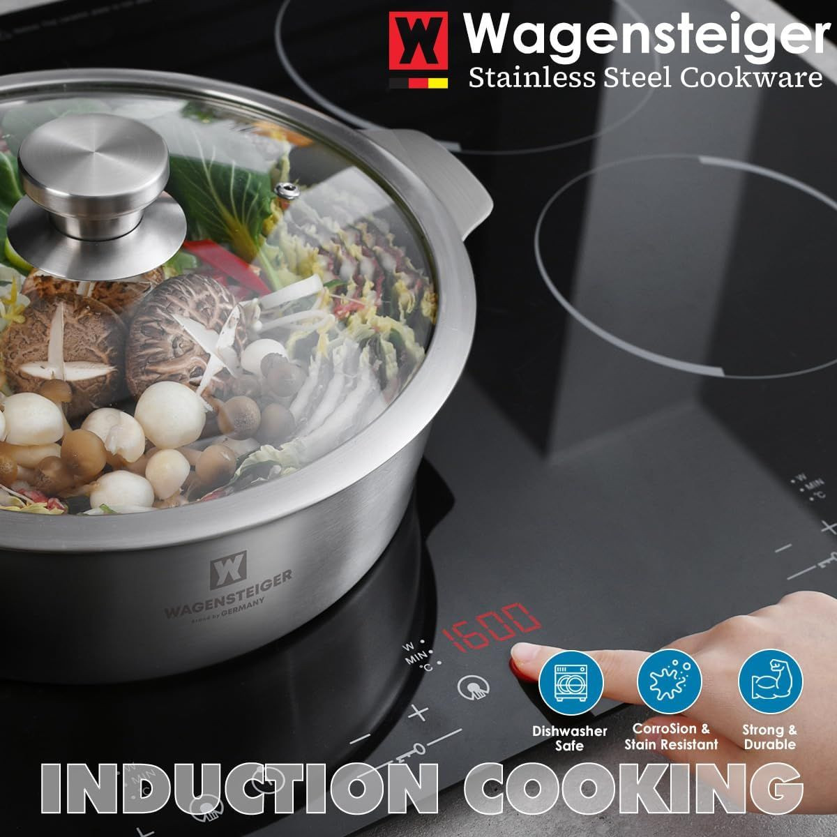 WAGENSTEIGER 4.18Quarts Stainless Steel Casserole Pot, 3-Ply Base, Tempered Glass Lid, Induction Safe, Dishwasher Safe