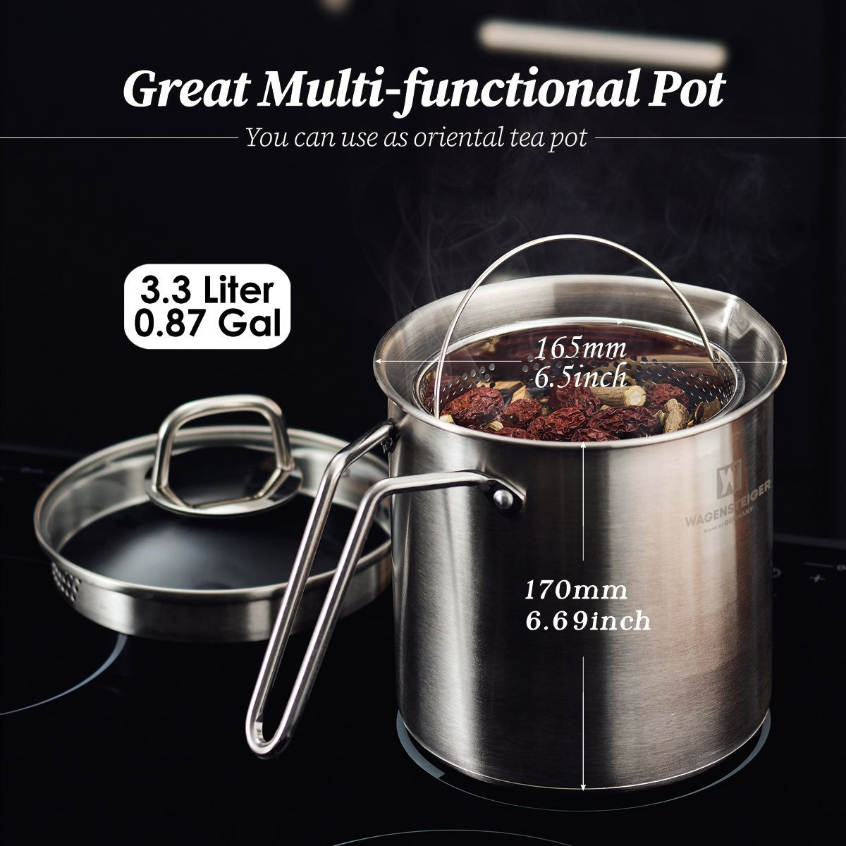 WAGENSTEIGER Premium Stainless Steel Asparagus Vegetable Steamer Pot Spaghetti Pasta Stovetop Induction Cooker with Rem