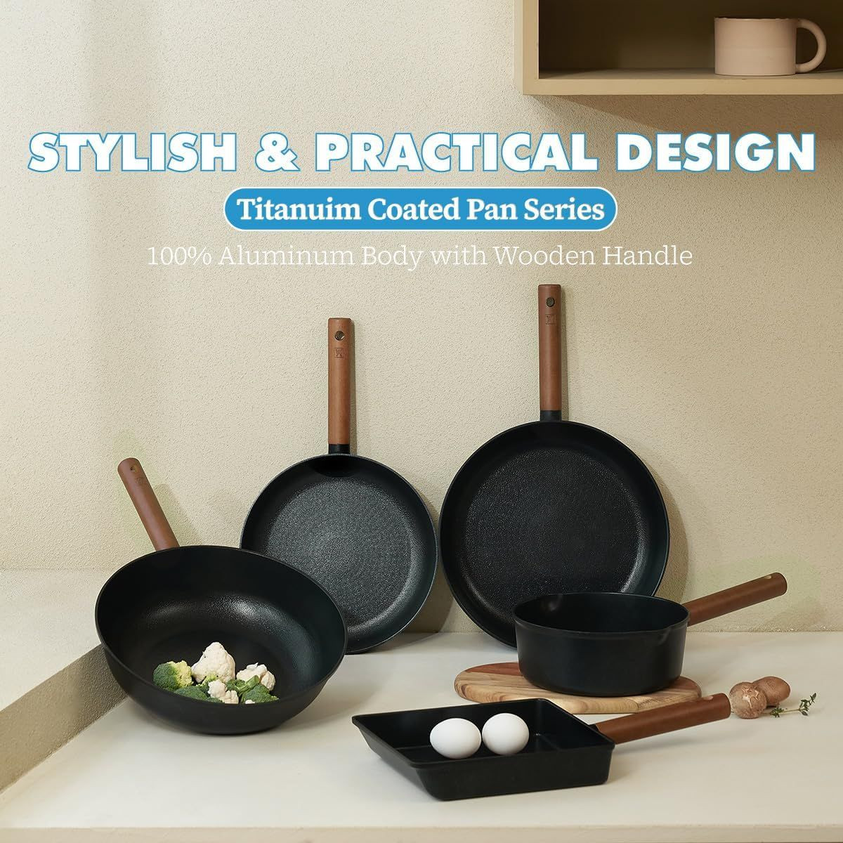 Aluminum Saucepan with 7-Layer Titanium Non-Stick Coating & Wooden Handle, 14.76"x8.46"x3.15", Made in Korea
