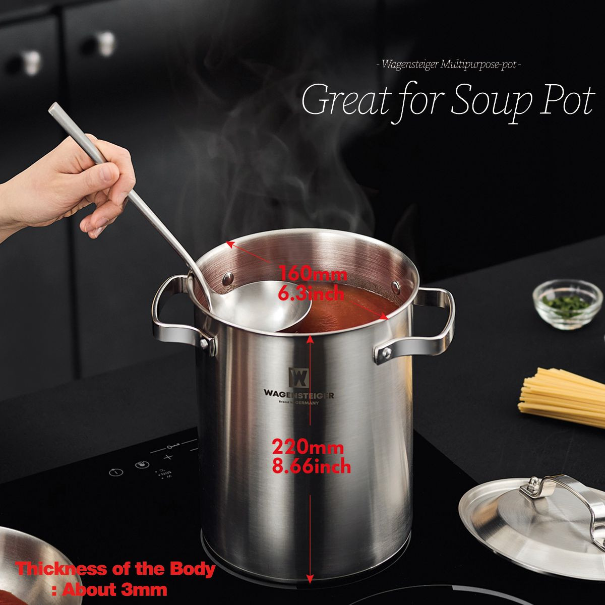 WAGENSTEIGER Premium Stainless Steel Asparagus Vegetable Tall Steamer Pot Spaghetti Pasta Stovetop Cooker with Removabl