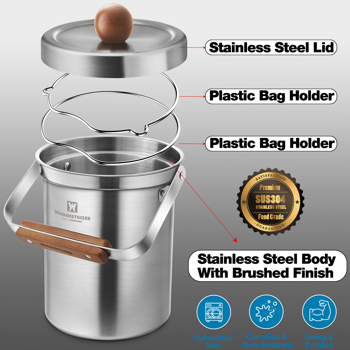 Kitchen Compost Bin 3L Stainlees Steel Silver
