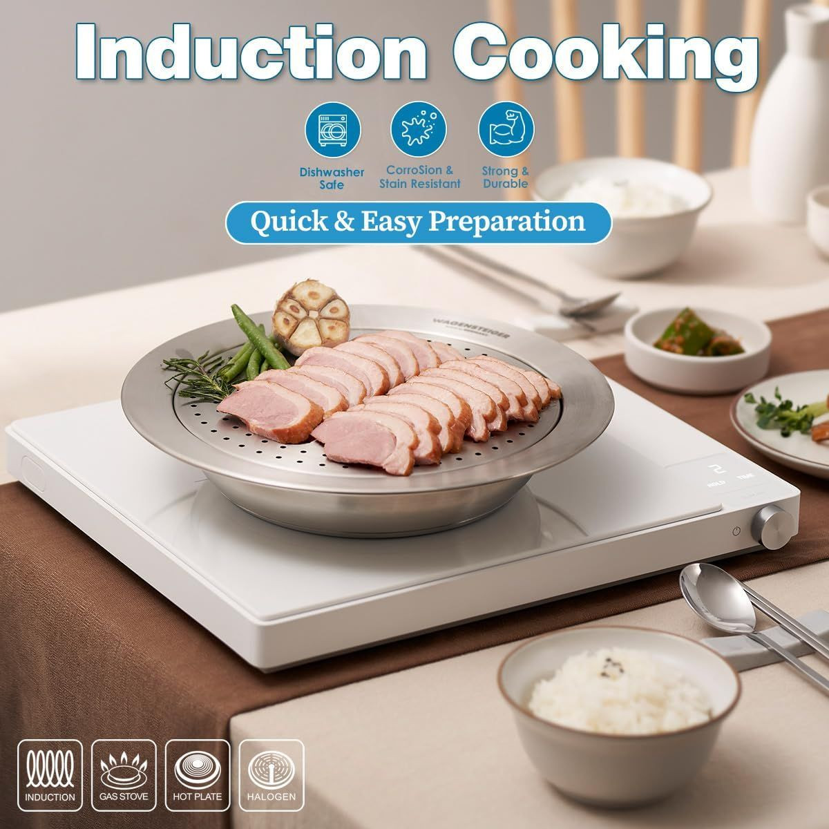Stainless Steel 12.2" Steam Food Warmer Pan with Perforated Tray, 3-Ply, for Communal Korean Dishes (2 different sizes)