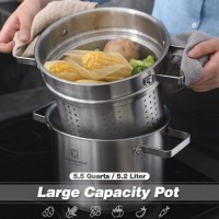 8.66-inch Stainless Steel Steamer Pot with 3-Ply Base, Induction Compatible, Cool Grip Handles, 5.5-Quart Capacity