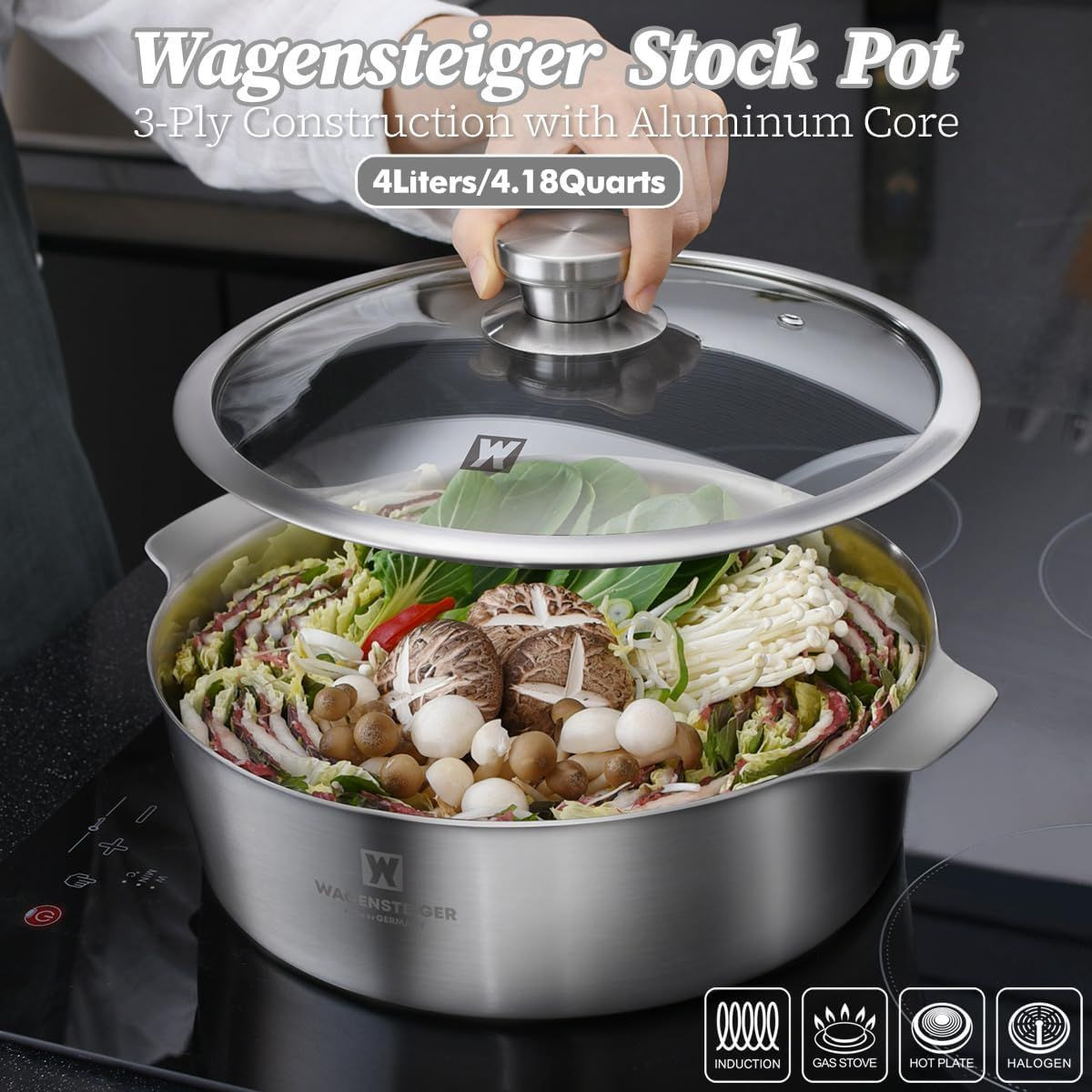 WAGENSTEIGER 4.18Quarts Stainless Steel Casserole Pot, 3-Ply Base, Tempered Glass Lid, Induction Safe, Dishwasher Safe
