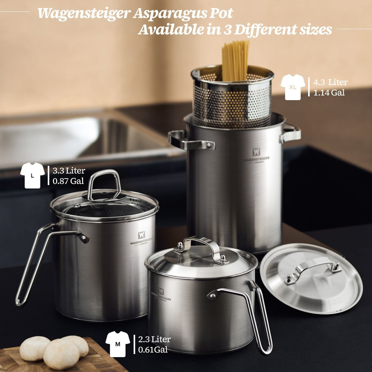 WAGENSTEIGER Premium Stainless Steel Asparagus Vegetable Tall Steamer Pot Spaghetti Pasta Stovetop Cooker with Removabl